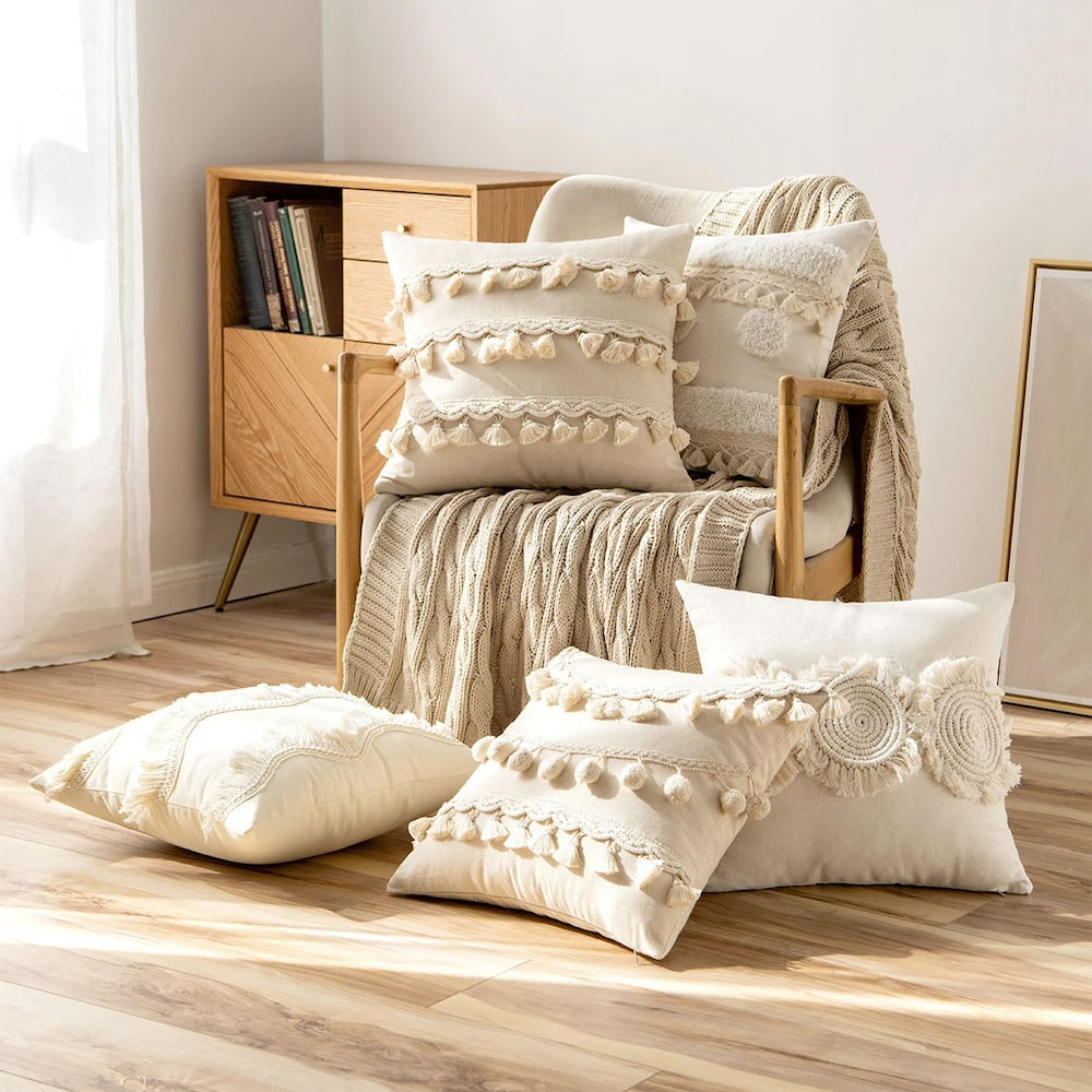 Boho Tassels Tufted Cushion Cover — Soft Textured Pillow for Bedroom Layering — Front view