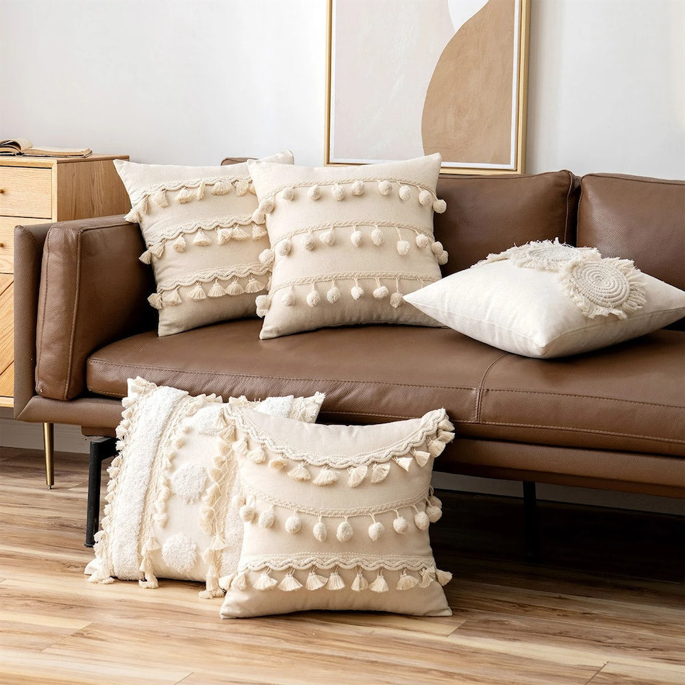 Boho Tassels Tufted Cushion Cover — Soft Textured Pillow for Bedroom Layering — Lifestyle 1