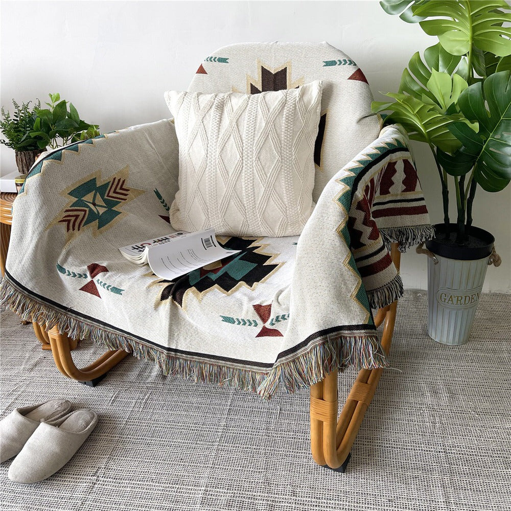 Boho Woven Throw Blanket — Patterned Cotton Cover for Sofa and Bed-End Layering — Lifestyle 3