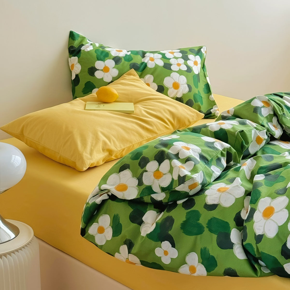 Green Garden Daisies Print Bedding Set — Soft-Touch Cotton Duvet & Pillowcases — Lifestyle 2