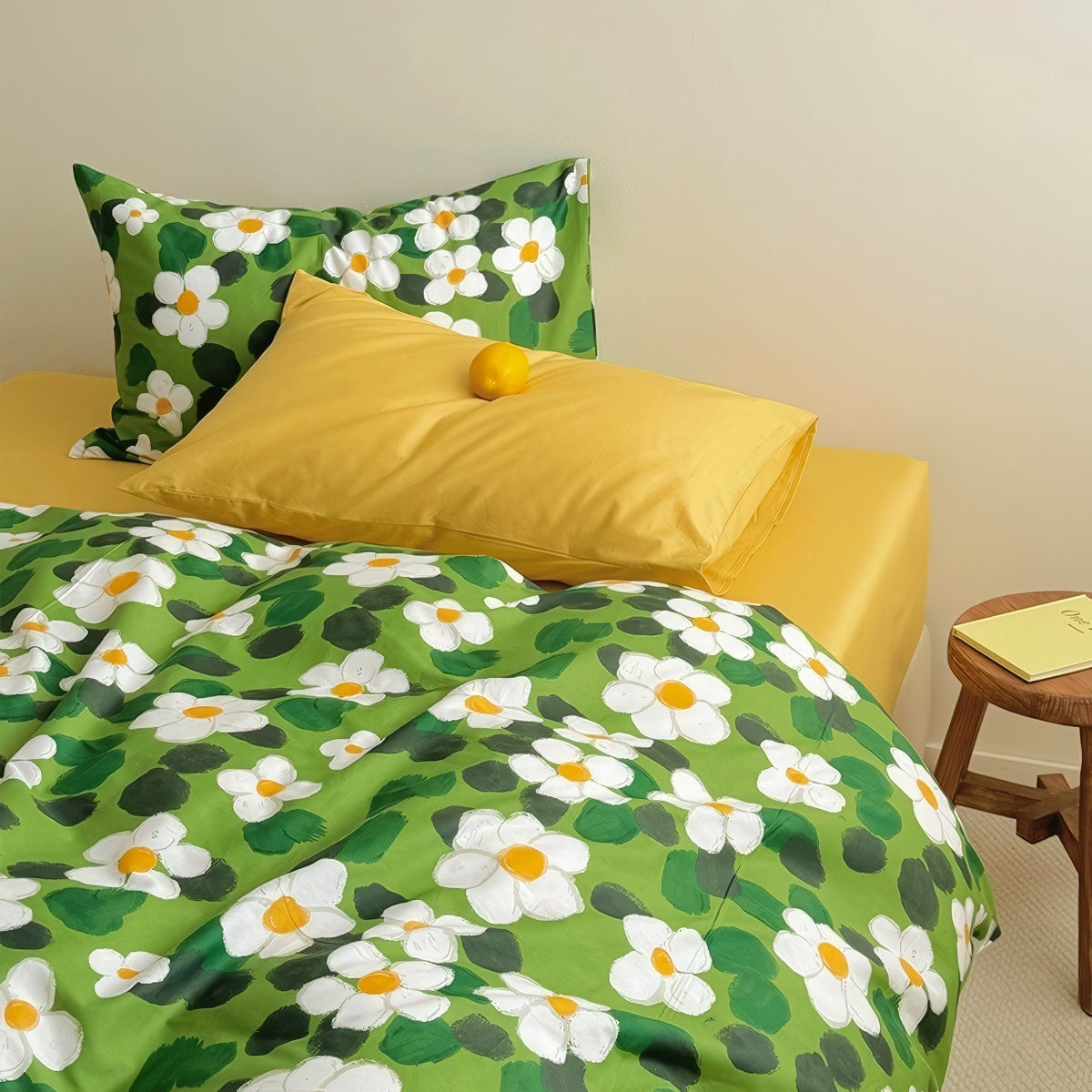 Green Garden Daisies Print Bedding Set — Soft-Touch Cotton Duvet & Pillowcases — Lifestyle 4