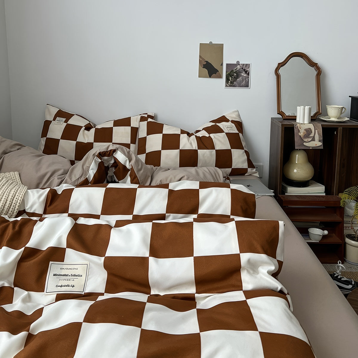 Brown Checkered Bedding Set — Soft-Touch Cotton Duvet & Pillowcases — Front view