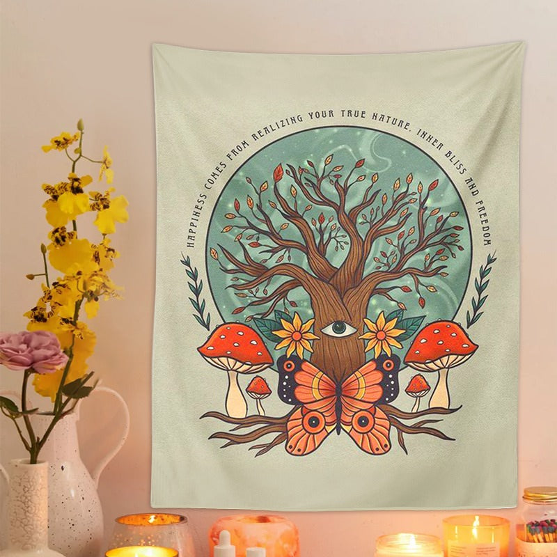 Butterfly, Mushroom and Tree Tapestry — Considered Home Styling — Detail