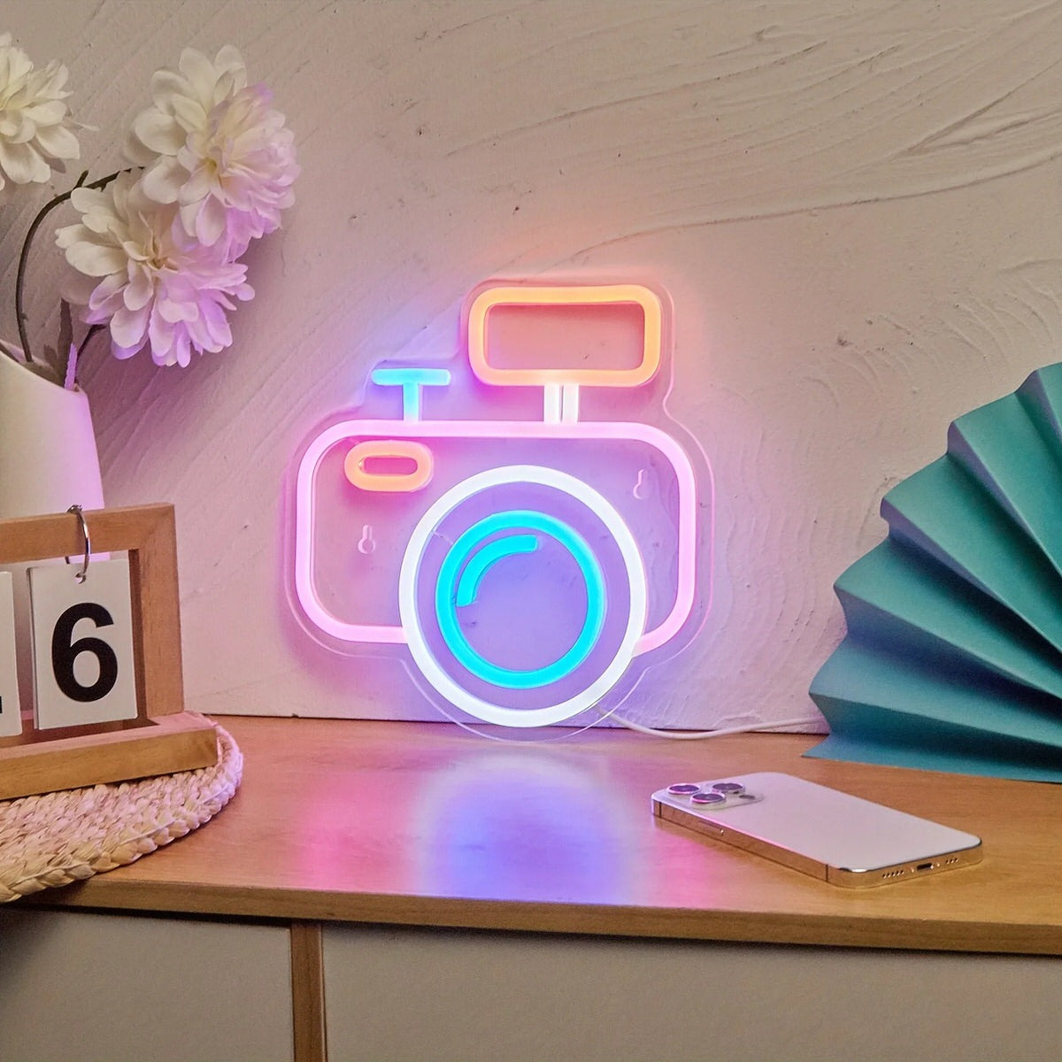 Camera LED Neon Wall Sign — Warm LED Mood Lighting for Bedside — Lifestyle 2