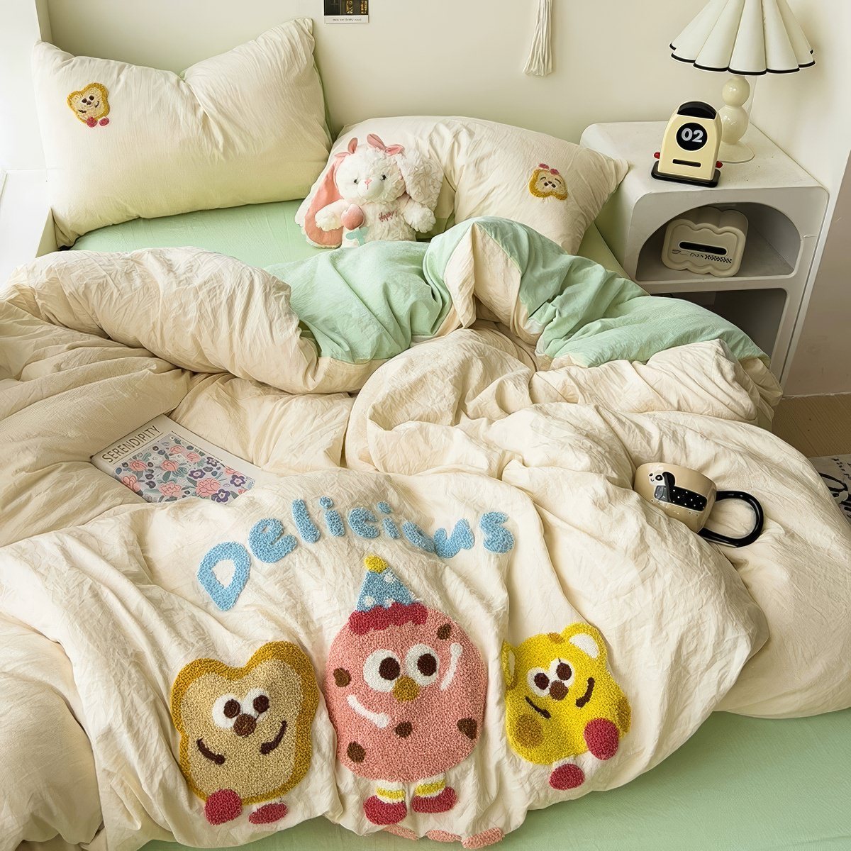 Cartoon Embroidered Toast Bread Bedding Set — Soft-Touch Cotton Duvet & Pillowcases — Lifestyle 6