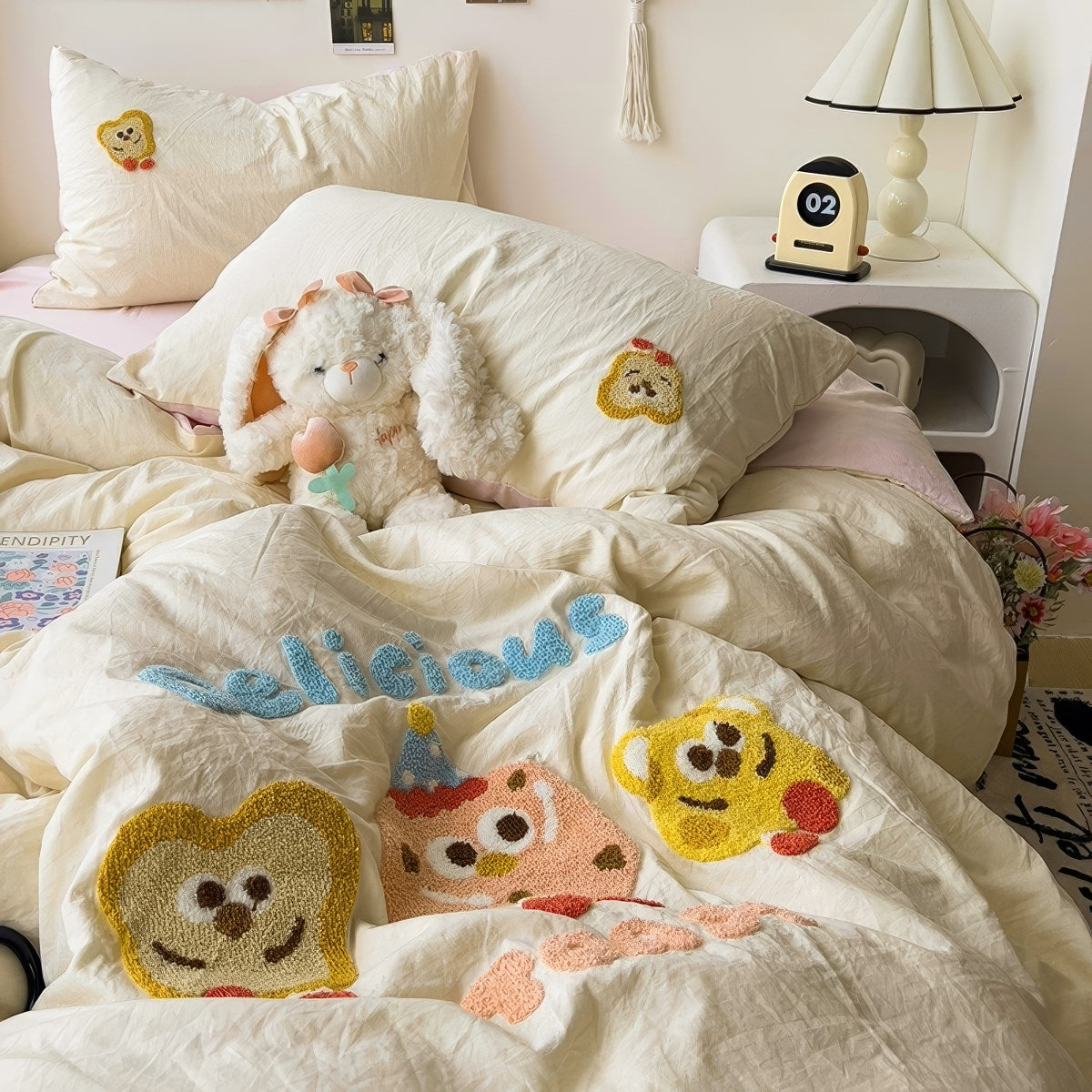 Cartoon Embroidered Toast Bread Bedding Set — Soft-Touch Cotton Duvet & Pillowcases — Lifestyle 4