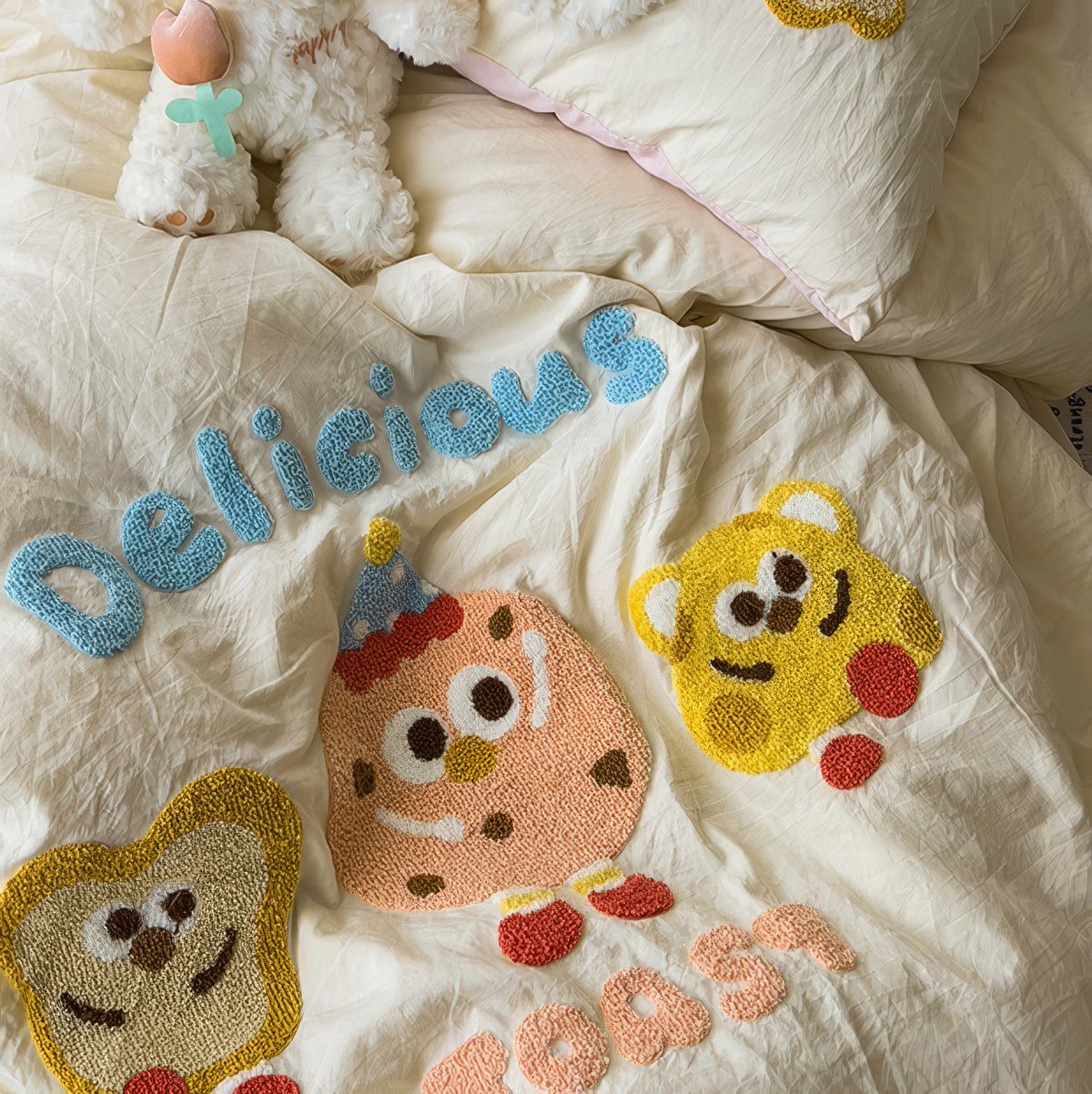 Cartoon Embroidered Toast Bread Bedding Set — Soft-Touch Cotton Duvet & Pillowcases — Lifestyle 1