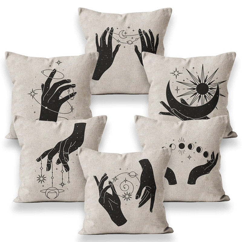 Celestial Hands Cushion Cover — Monochrome Linen Pillow for Boho Bedroom — Front view