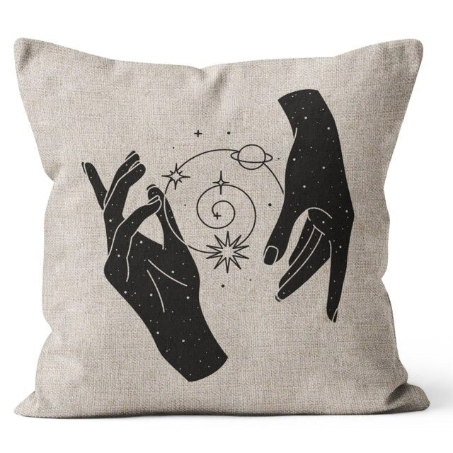 Celestial Hands Cushion Cover — Monochrome Linen Pillow for Boho Bedroom — Lifestyle 6