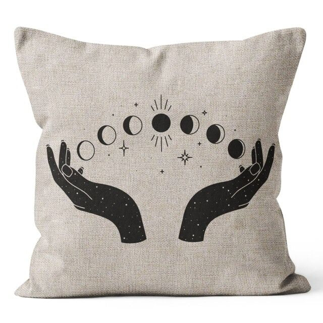 Celestial Hands Cushion Cover — Monochrome Linen Pillow for Boho Bedroom — Lifestyle 8