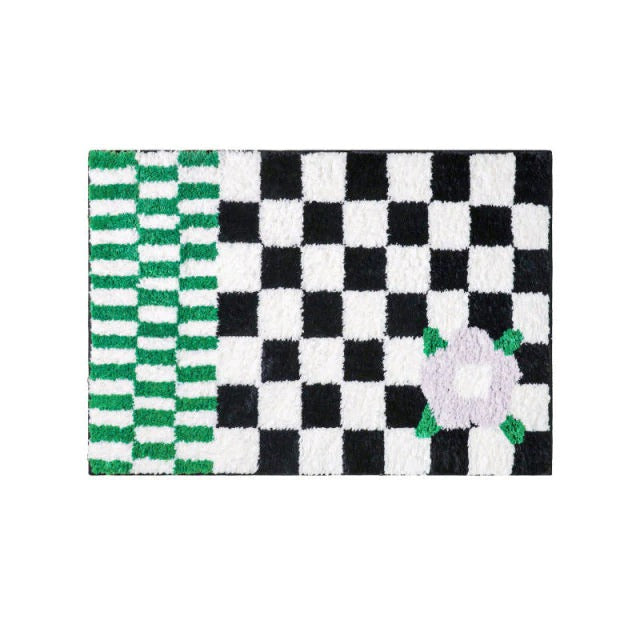 Checkerboard Flower Accent Rug — Soft Accent Rug for Bedroom Layering — Detail