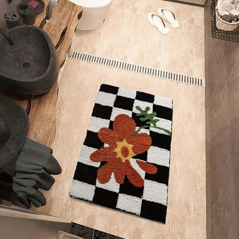 Checkered Orange Flower Accent Rug — Soft Accent Rug for Bedroom Layering — Detail
