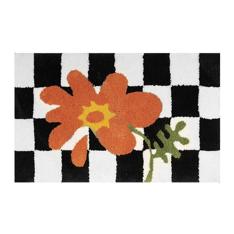 Checkered Orange Flower Accent Rug — Soft Accent Rug for Bedroom Layering — Front view