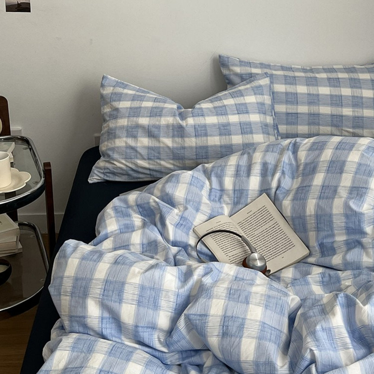 Cloud Blue Gingham Check Bedding Set — Soft-Touch Cotton Duvet & Pillowcases — Front view