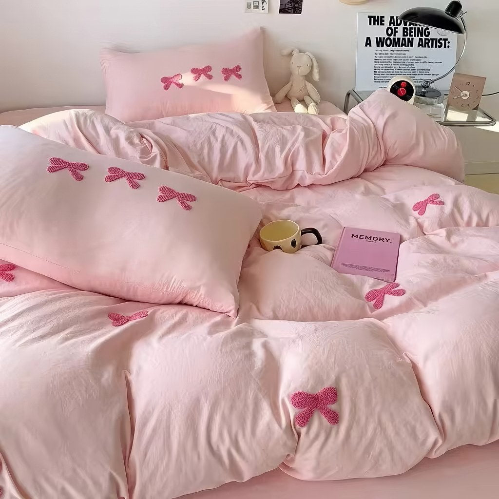 Embroidered Bows Bedding Set — Soft-Touch Cotton Duvet & Pillowcases — Front view