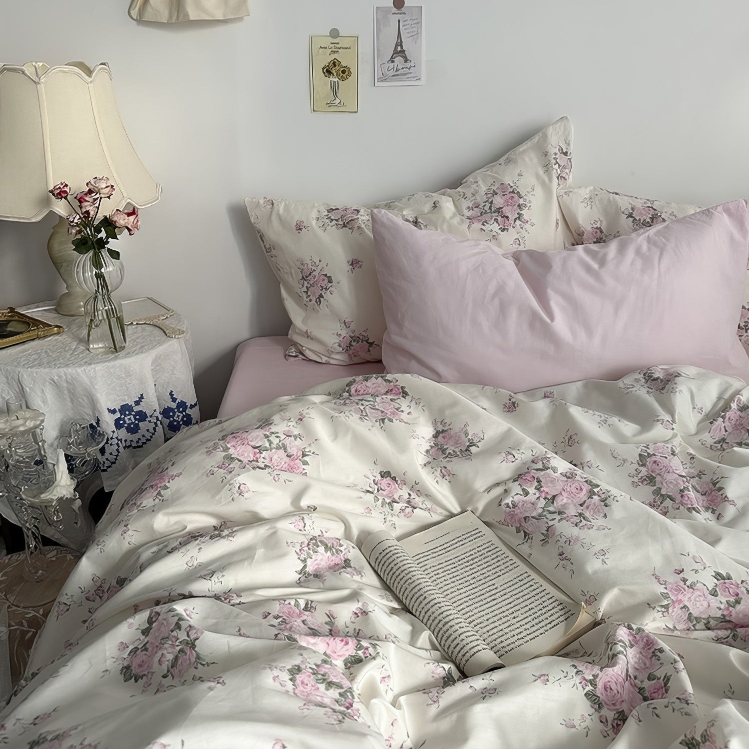 Pink Blooming Roses Bedding Set — Soft-Touch Cotton Duvet & Pillowcases — Front view