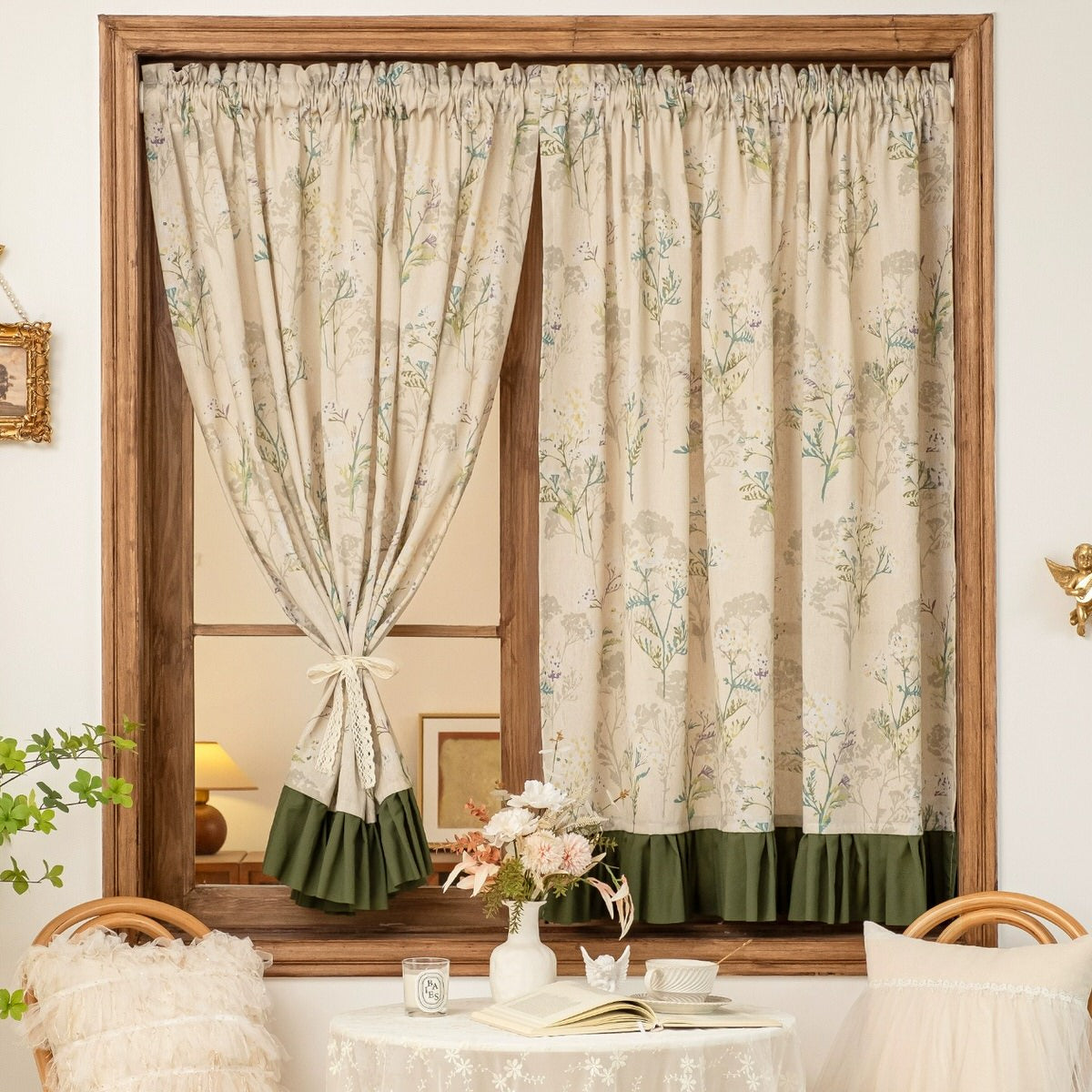 Garden Print Curtain with Forest Green Ruffle Trim — Considered Home Styling — Front view