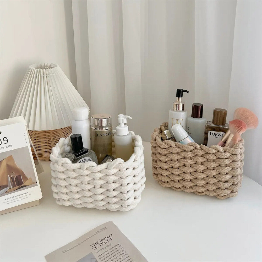 Cotton Rope Woven Desk Storage Basket — Front view