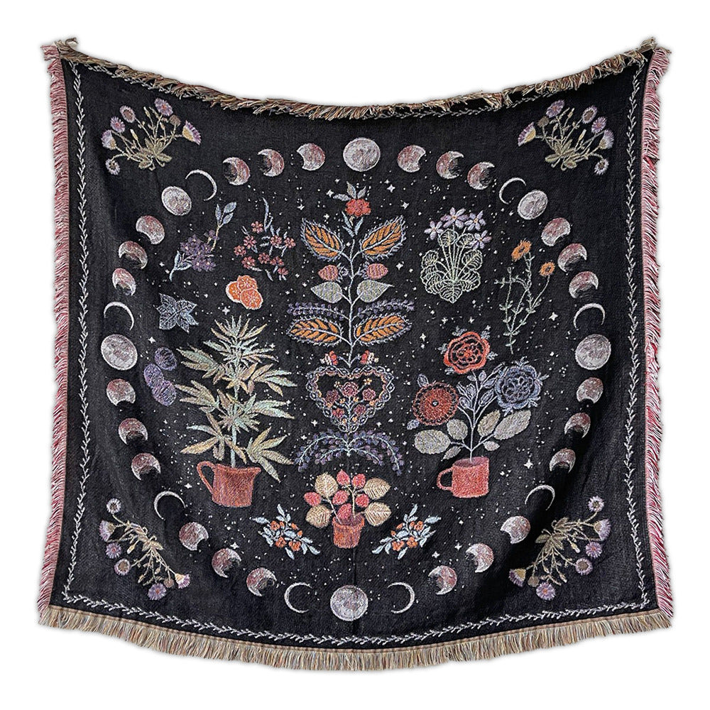 Floral Moon Phase Woven Throw Blanket — Soft Cotton Cover for Bed and Couch Styling — Front view