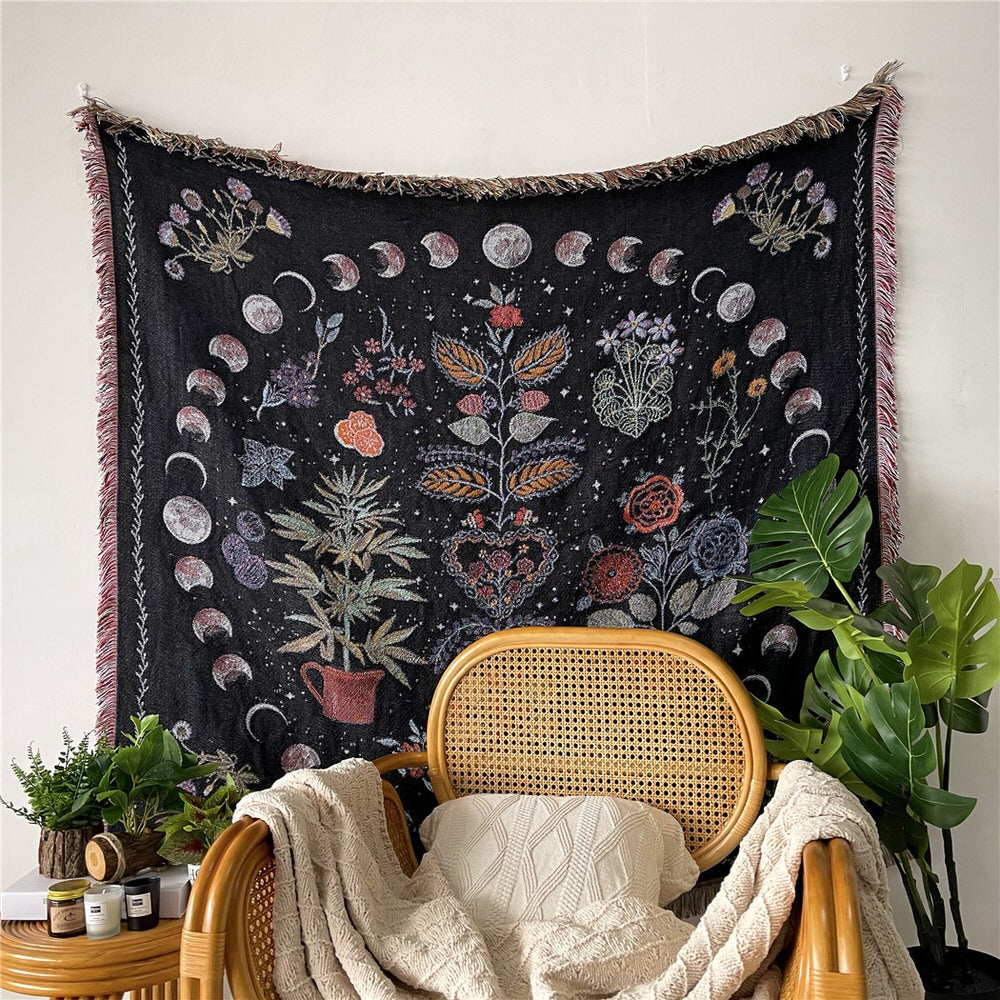 Floral Moon Phase Woven Throw Blanket — Soft Cotton Cover for Bed and Couch Styling — Lifestyle 5