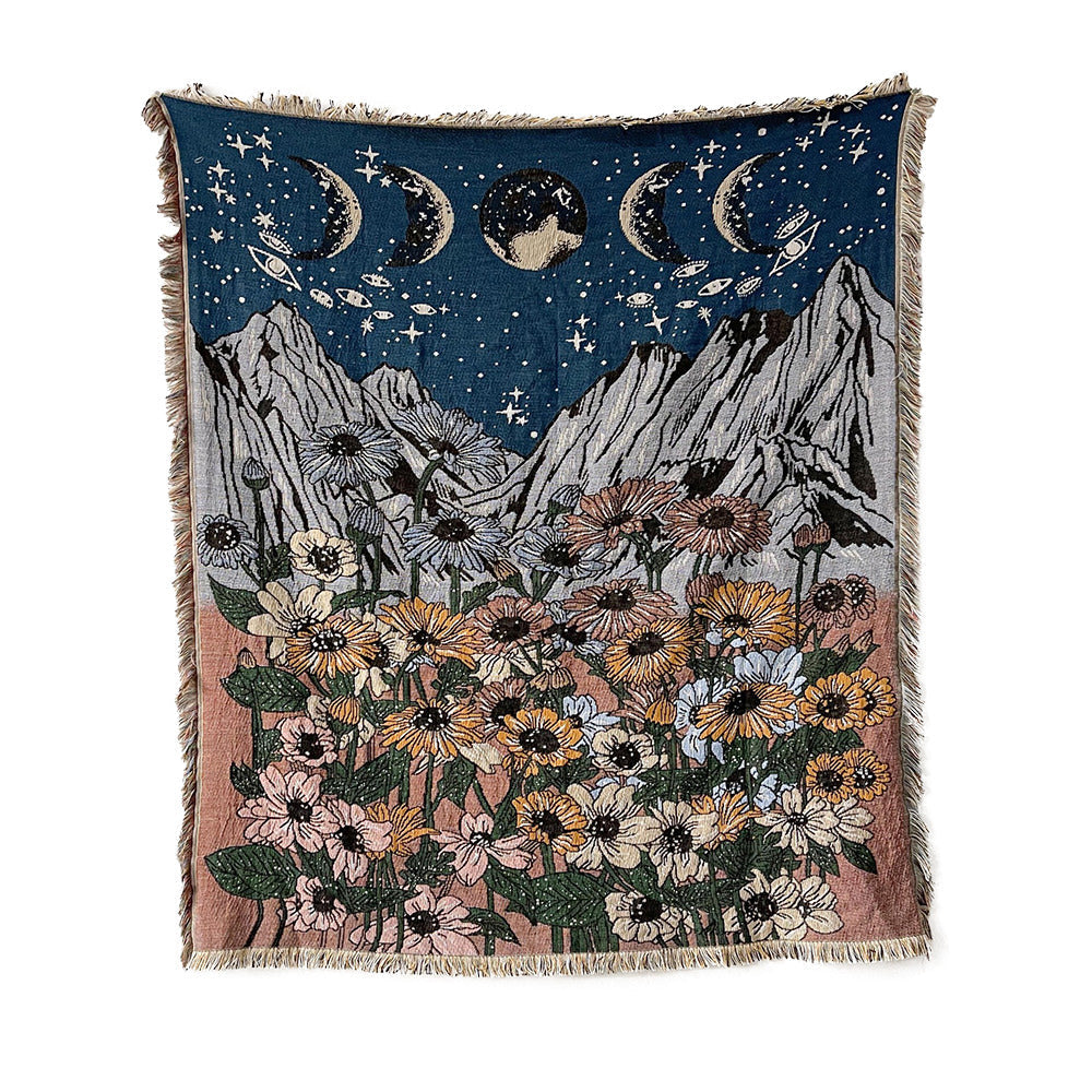 Mountain Floral Woven Throw Blanket — Soft Cotton Cover for Bed and Sofa Layering — Front view