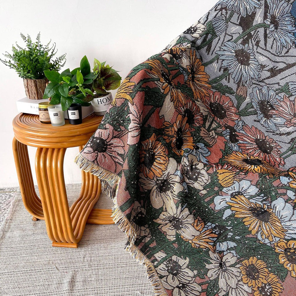 Mountain Floral Woven Throw Blanket — Soft Cotton Cover for Bed and Sofa Layering — Lifestyle 5