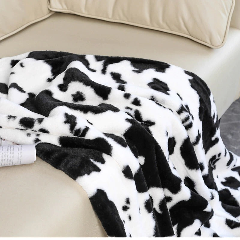 Cow Spot Fluffy Throw Blanket — Soft Plush Cover for Sofa and Bed-End Layering — Lifestyle 1