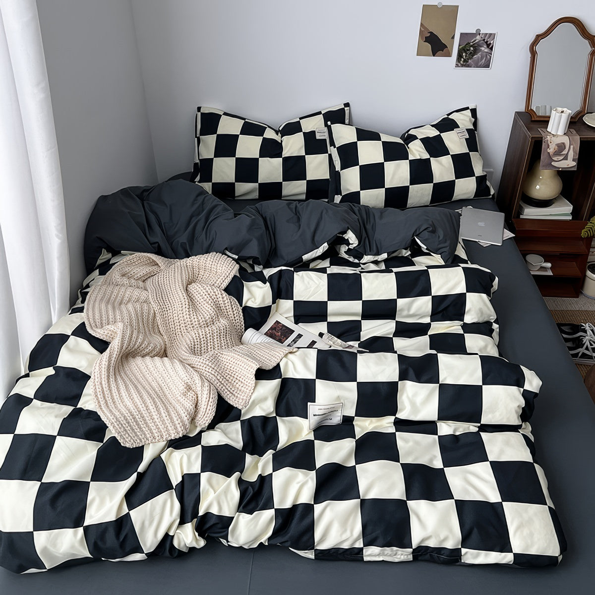 Black & Cream Checkered Bedding Set — Soft-Touch Cotton Duvet & Pillowcases — Lifestyle 1