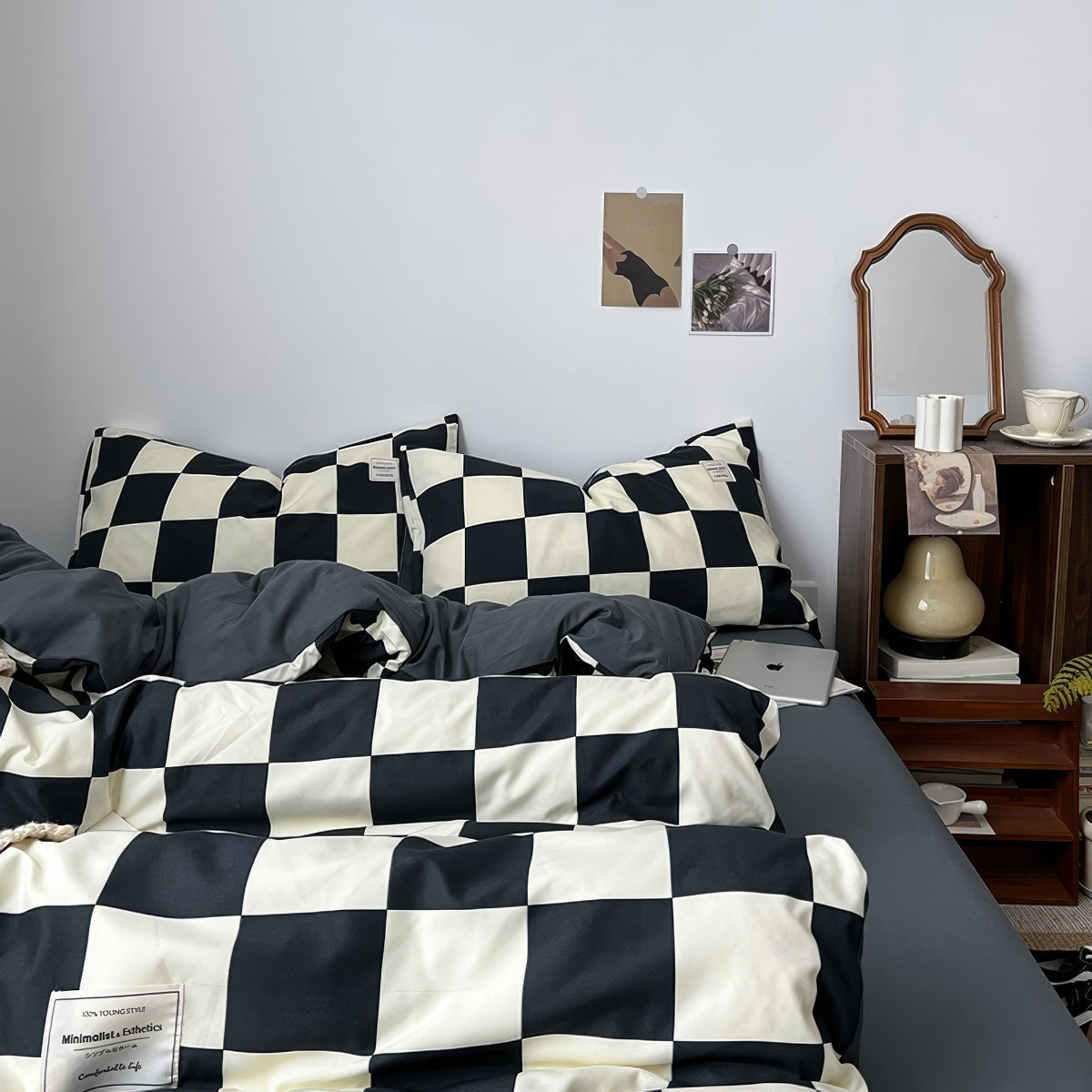 Black & Cream Checkered Bedding Set — Soft-Touch Cotton Duvet & Pillowcases — Front view
