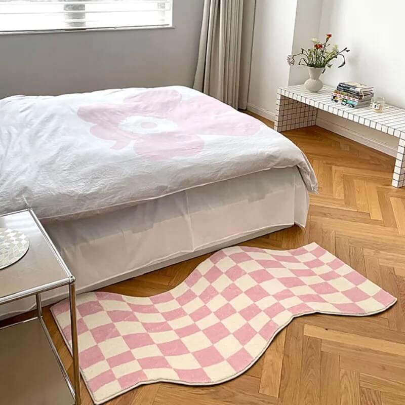 Curvy Edge Pastel Checker Rug — Soft Accent Rug for Bedroom Layering — Lifestyle 1