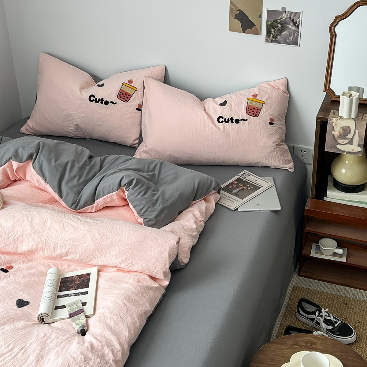 Embroidered Bubble Tea Bedding Set — Soft-Touch Cotton Duvet & Pillowcases — Lifestyle 2
