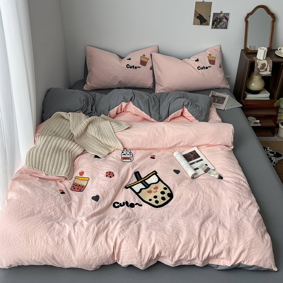 Embroidered Bubble Tea Bedding Set — Soft-Touch Cotton Duvet & Pillowcases — Front view