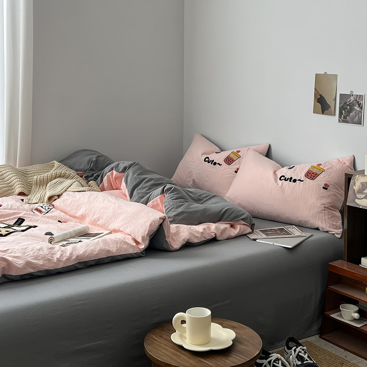 Embroidered Bubble Tea Bedding Set — Soft-Touch Cotton Duvet & Pillowcases — Lifestyle 1