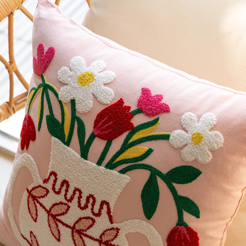 Embroidered Flowers in a Vase Cushion Cover — Soft Textured Pillow for Bedroom Layering — Lifestyle 6