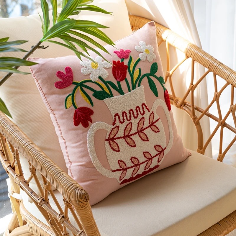Embroidered Flowers in a Vase Cushion Cover — Soft Textured Pillow for Bedroom Layering — Lifestyle 3