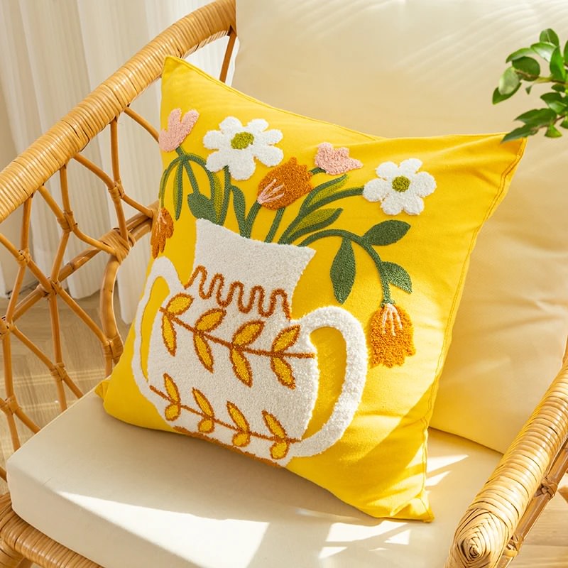 Embroidered Flowers in a Vase Cushion Cover — Soft Textured Pillow for Bedroom Layering — Front view
