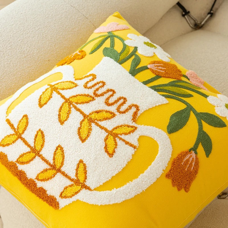 Embroidered Flowers in a Vase Cushion Cover — Soft Textured Pillow for Bedroom Layering — Lifestyle 5