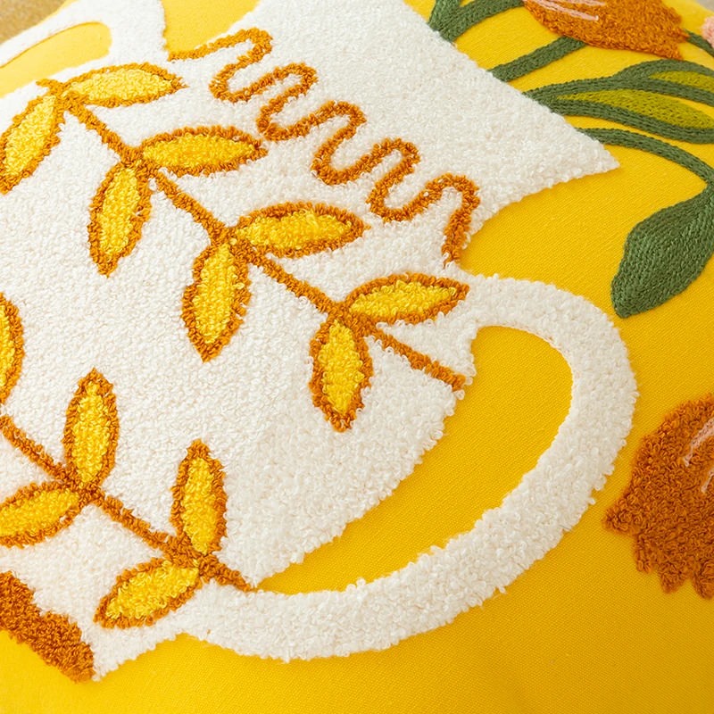 Embroidered Flowers in a Vase Cushion Cover — Soft Textured Pillow for Bedroom Layering — Detail