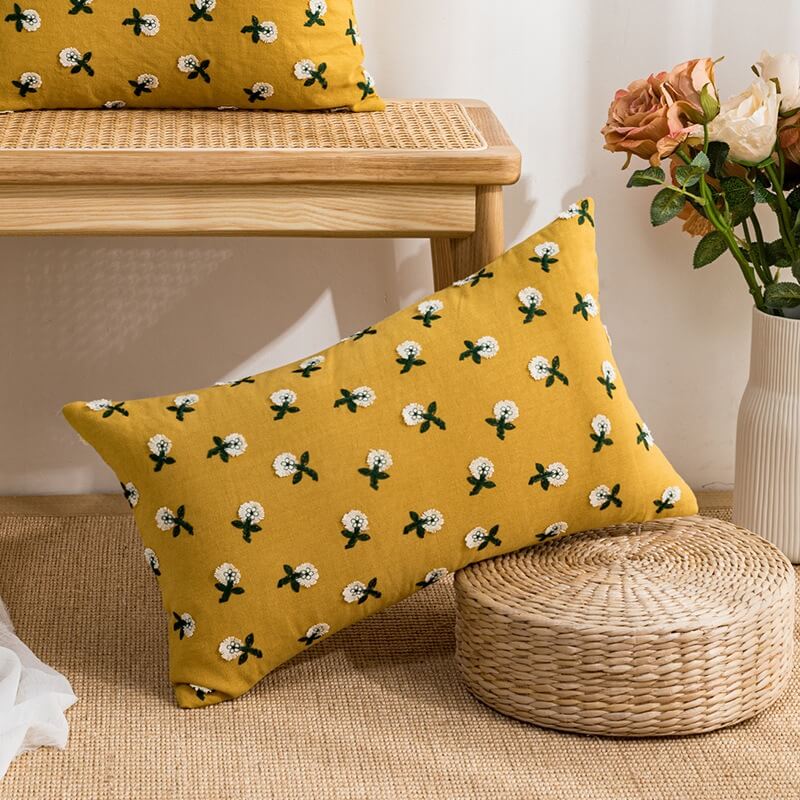 Embroidered Flowers Cushion Cover — Soft Textured Pillow for Bedroom Layering — Lifestyle 6