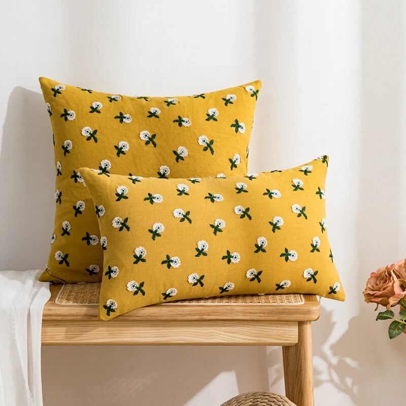 Embroidered Flowers Cushion Cover — Soft Textured Pillow for Bedroom Layering — Detail