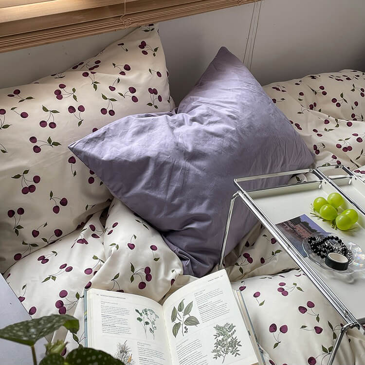 Purple Cherries Bedding Set — Soft-Touch Cotton Duvet & Pillowcases — Lifestyle 6