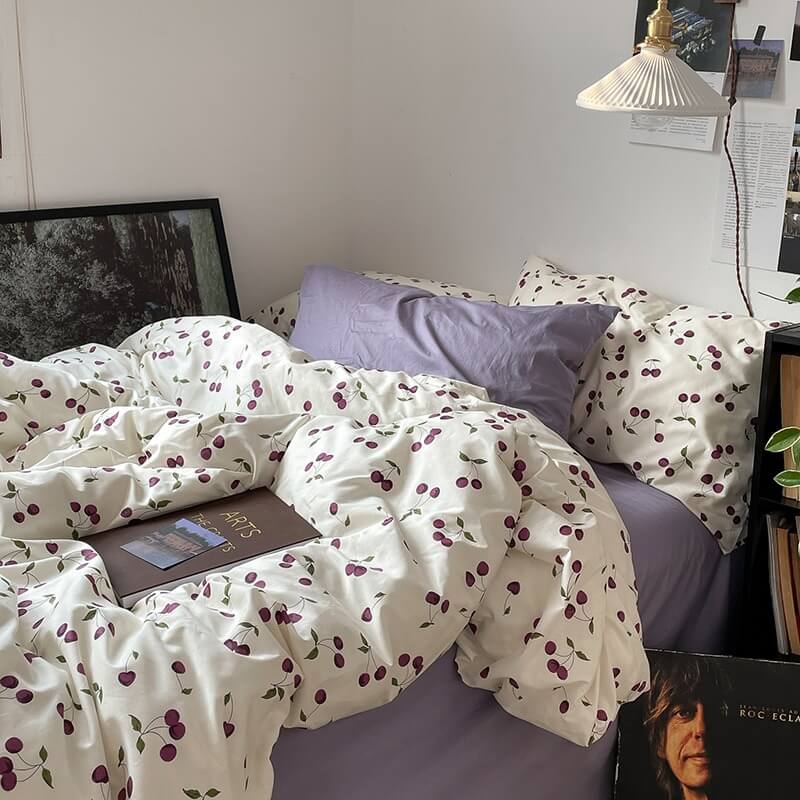 Purple Cherries Bedding Set — Soft-Touch Cotton Duvet & Pillowcases — Detail