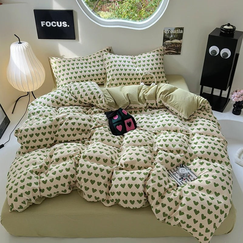 Little Green Hearts Pattern Bedding Set — Soft-Touch Cotton Duvet & Pillowcases — Front view