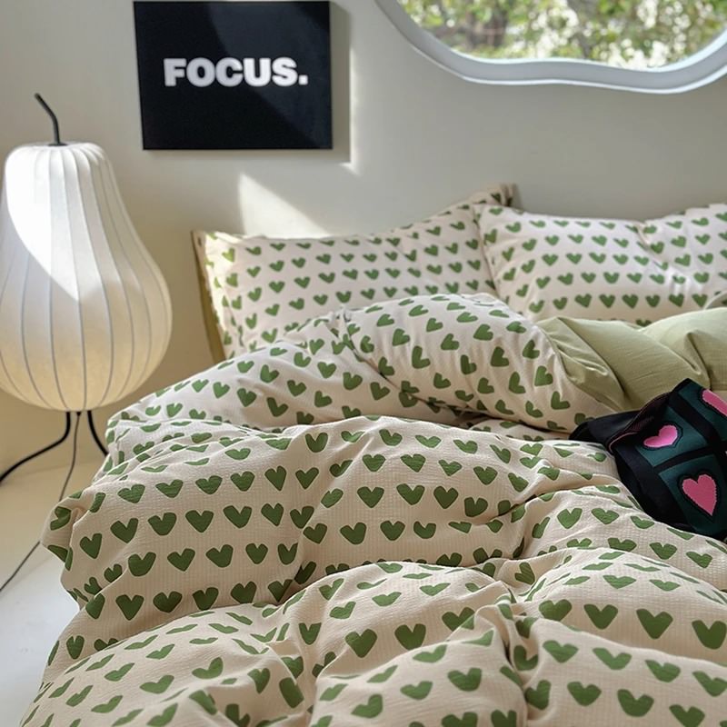 Little Green Hearts Pattern Bedding Set — Soft-Touch Cotton Duvet & Pillowcases — Lifestyle 1
