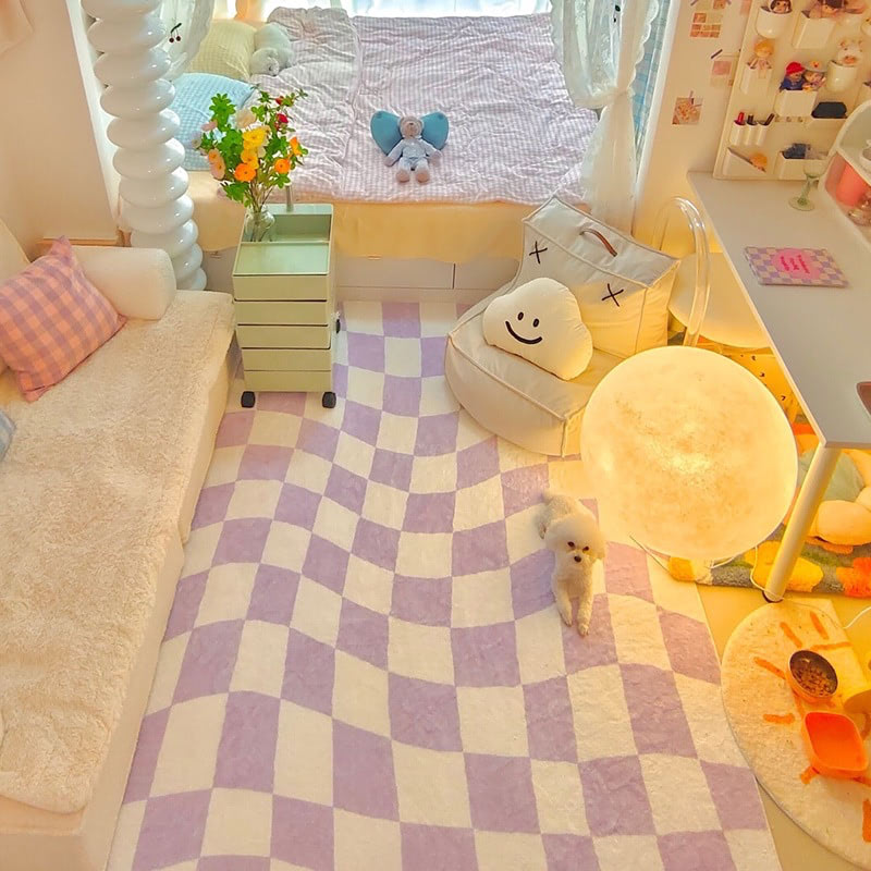 Pastel Curvy Checker Carpet — Soft Accent Rug for Bedroom Layering — Lifestyle 1