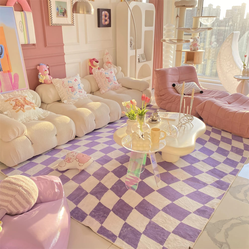 Pastel Curvy Checker Carpet — Soft Accent Rug for Bedroom Layering — Lifestyle 2