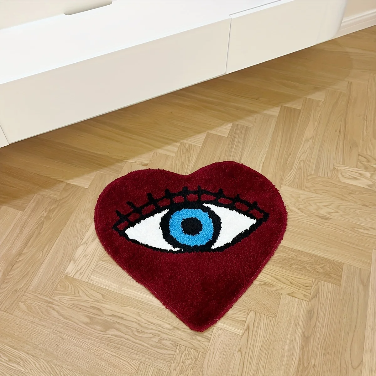 Dark Red Eye Heart Tufted Rug — Soft Accent Rug for Bedroom Layering — Lifestyle 1