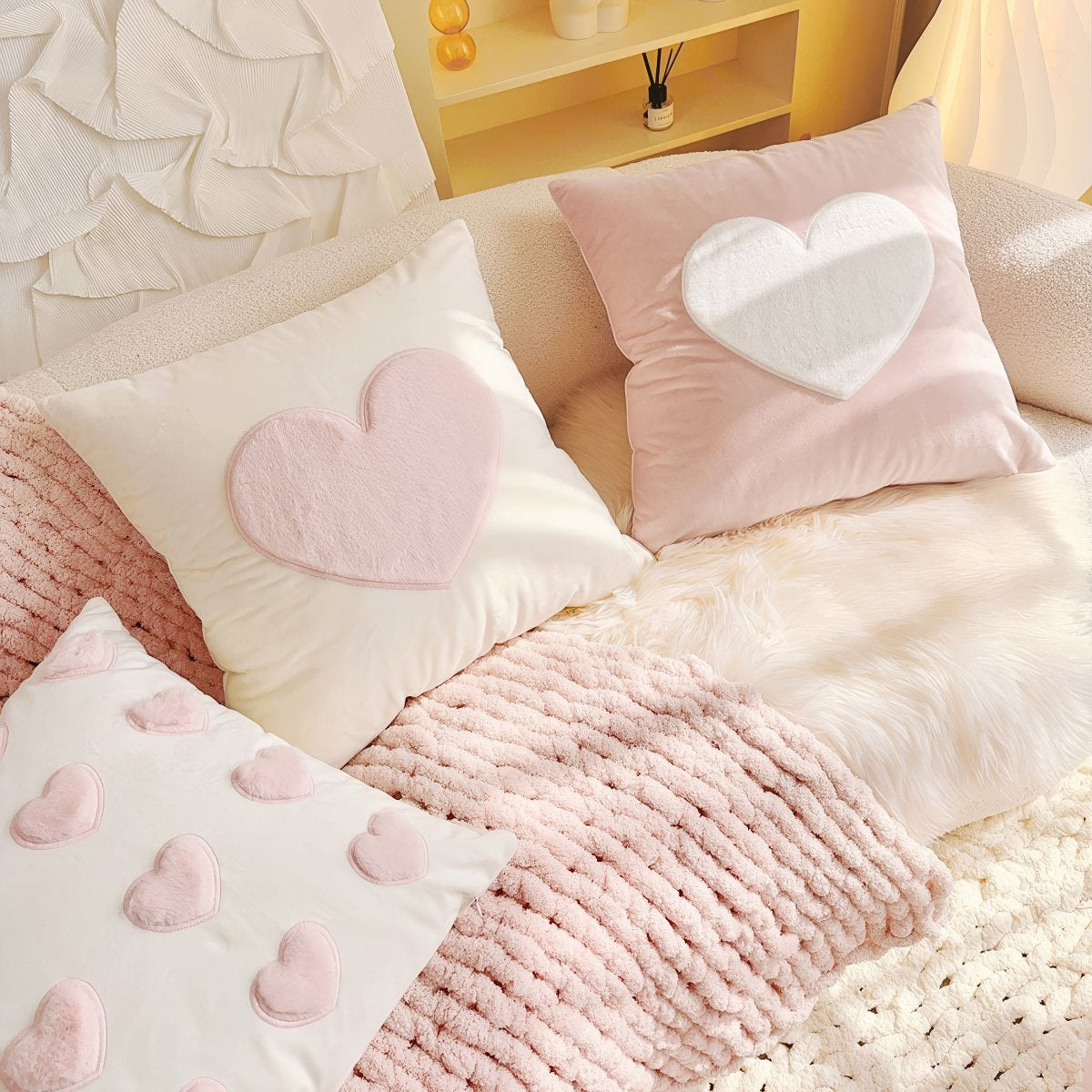 Plush Heart Cushion Cover — Velvet Set with Raised Appliqué for Layered Bedding — Lifestyle 8