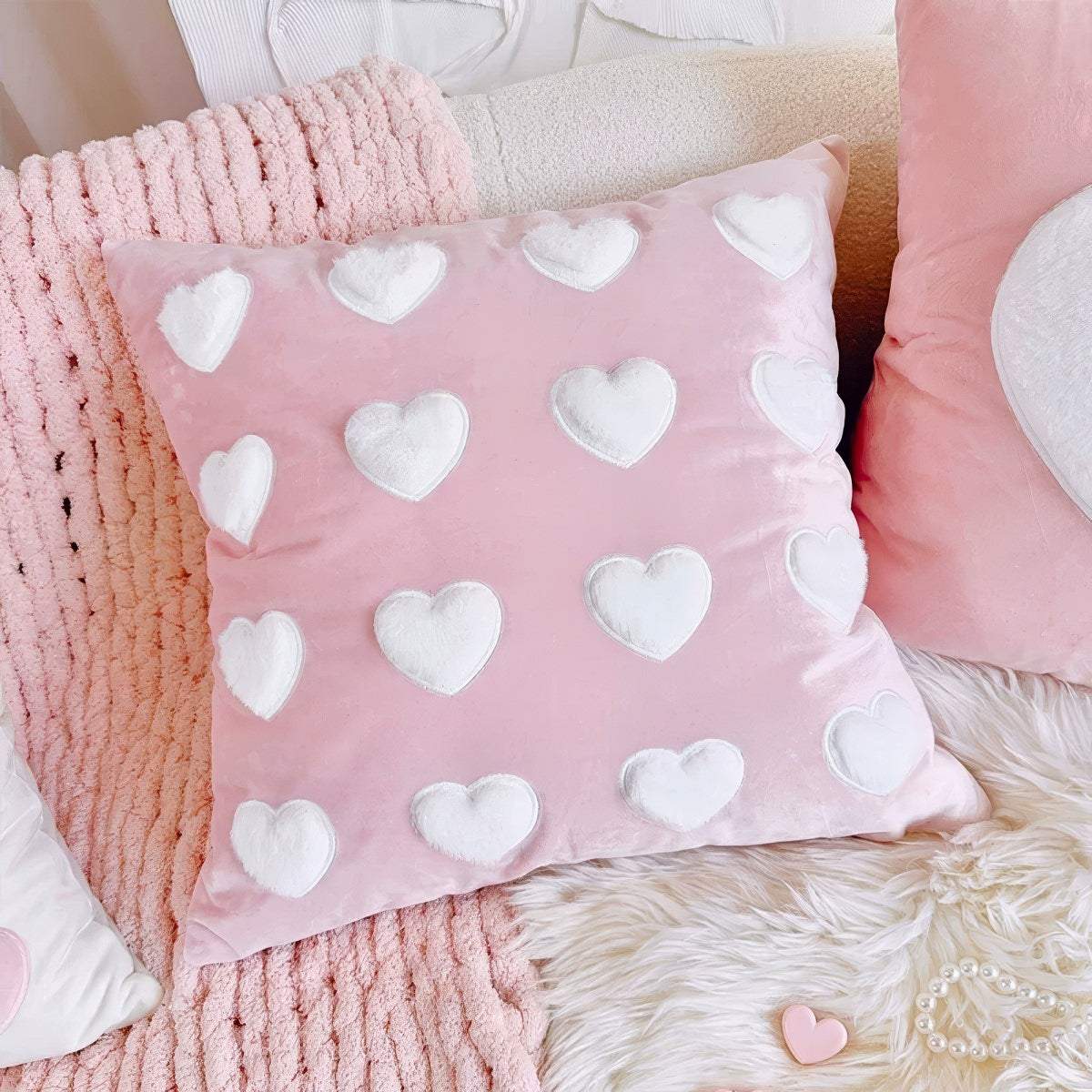 Pink Plush Hearts Cushion Cover — Lifestyle 3