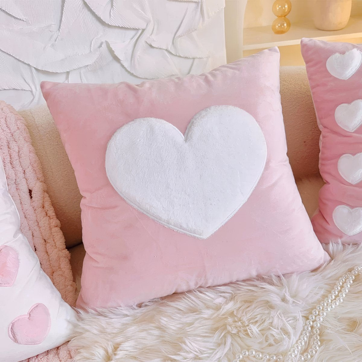 Plush Heart Cushion Cover — Velvet Set with Raised Appliqué for Layered Bedding — Lifestyle 1